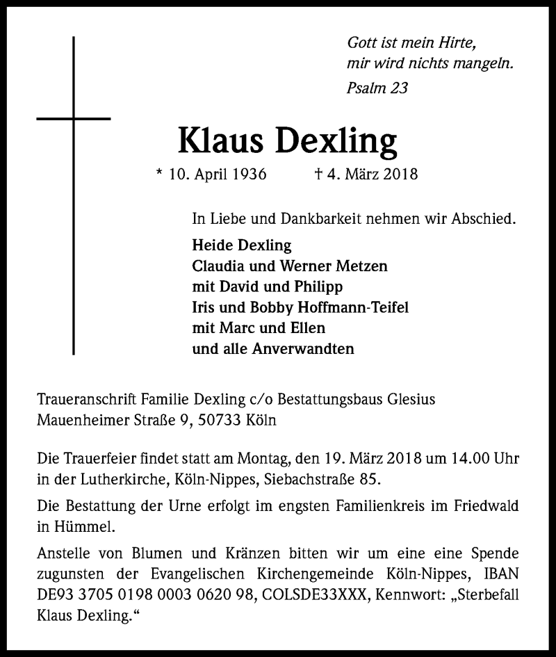  Traueranzeige für Klaus Dexling vom 10.03.2018 aus Kölner Stadt-Anzeiger / Kölnische Rundschau / Express