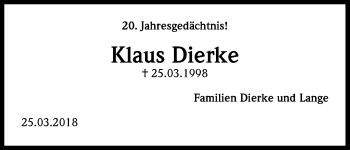 Anzeige von Klaus Dierke von Kölner Stadt-Anzeiger / Kölnische Rundschau / Express