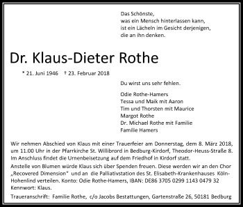 Anzeige von Klaus-Dieter Rothe von Kölner Stadt-Anzeiger / Kölnische Rundschau / Express