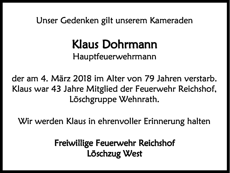 Traueranzeige für Klaus Dohrmann vom 14.03.2018 aus Kölner Stadt-Anzeiger / Kölnische Rundschau / Express