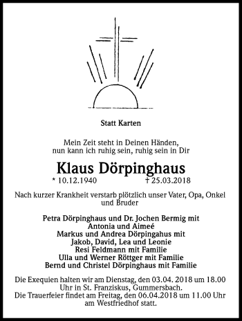 Anzeige von Klaus Dörpinghaus von Kölner Stadt-Anzeiger / Kölnische Rundschau / Express