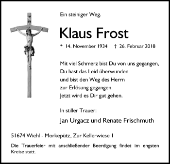 Anzeige von Klaus Frost von Kölner Stadt-Anzeiger / Kölnische Rundschau / Express