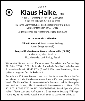 Anzeige von Klaus Halke von Kölner Stadt-Anzeiger / Kölnische Rundschau / Express