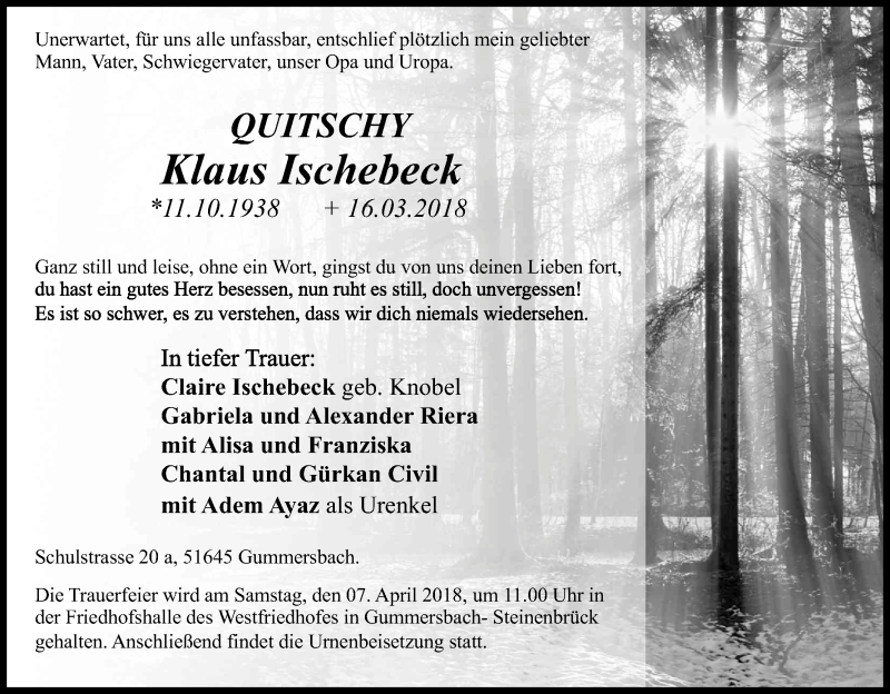  Traueranzeige für Klaus Ischebeck vom 24.03.2018 aus Kölner Stadt-Anzeiger / Kölnische Rundschau / Express