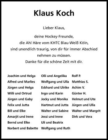 Anzeige von Klaus Koch von Kölner Stadt-Anzeiger / Kölnische Rundschau / Express