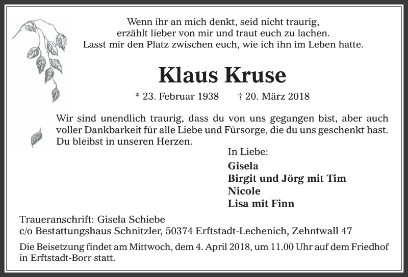  Traueranzeige für Klaus Krase vom 28.03.2018 aus  Werbepost 