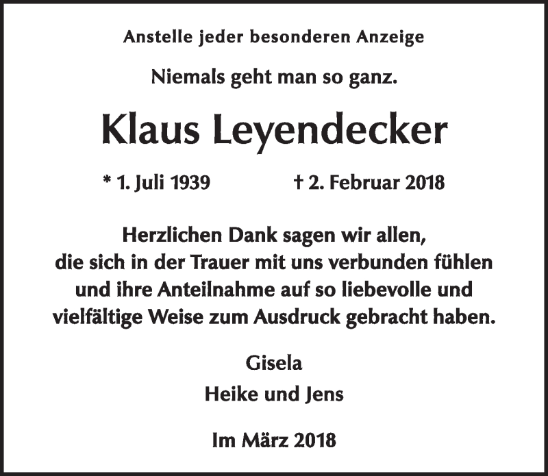  Traueranzeige für Klaus Leyendecker vom 17.03.2018 aus  Blickpunkt Euskirchen 