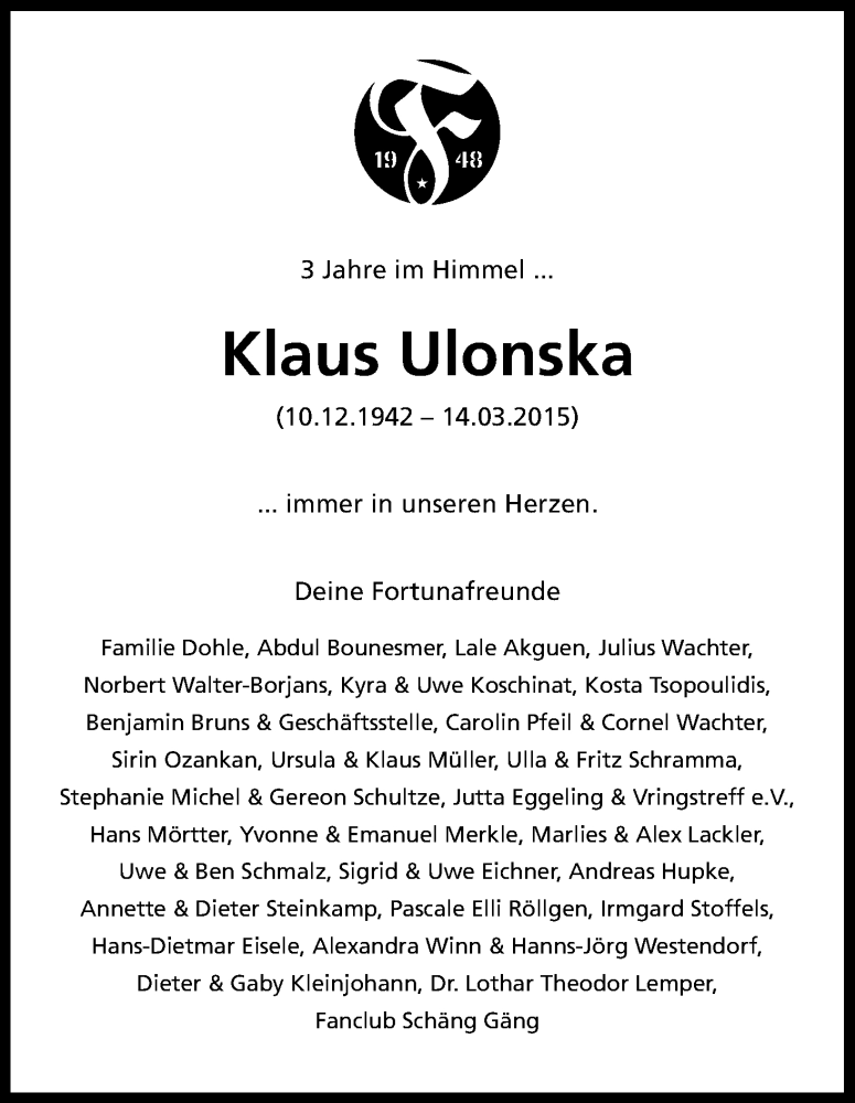  Traueranzeige für Klaus Ulonska vom 14.03.2018 aus Kölner Stadt-Anzeiger / Kölnische Rundschau / Express