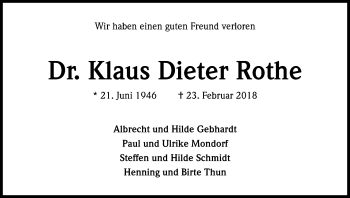 Anzeige von Klaus Dieter Rothe von Kölner Stadt-Anzeiger / Kölnische Rundschau / Express
