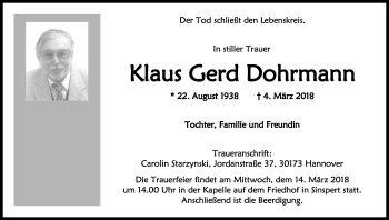 Anzeige von Klaus Gerd Dohrmann von Kölner Stadt-Anzeiger / Kölnische Rundschau / Express