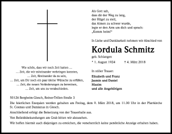 Anzeige von Kordula Schmitz von Kölner Stadt-Anzeiger / Kölnische Rundschau / Express