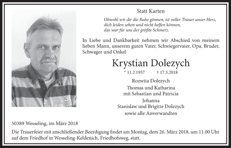  Traueranzeige für Krystian Dolezych vom 21.03.2018 aus  Schlossbote/Werbekurier 