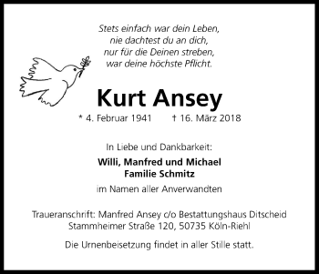 Anzeige von Kurt Ansey von Kölner Stadt-Anzeiger / Kölnische Rundschau / Express