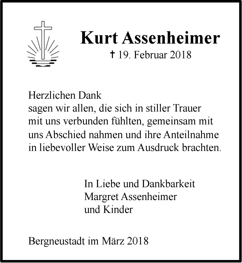  Traueranzeige für Kurt Assenheimer vom 28.03.2018 aus  Anzeigen Echo 
