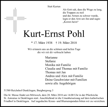 Anzeige von Kurt-Ernst Pohl von Kölner Stadt-Anzeiger / Kölnische Rundschau / Express