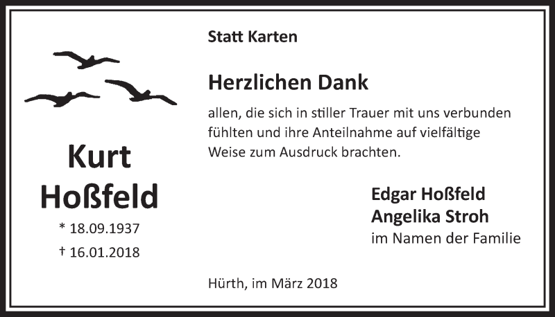  Traueranzeige für Kurt Hoßfeld vom 03.03.2018 aus  Sonntags-Post 