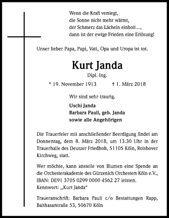 Anzeige von Kurt Janda von Kölner Stadt-Anzeiger / Kölnische Rundschau / Express