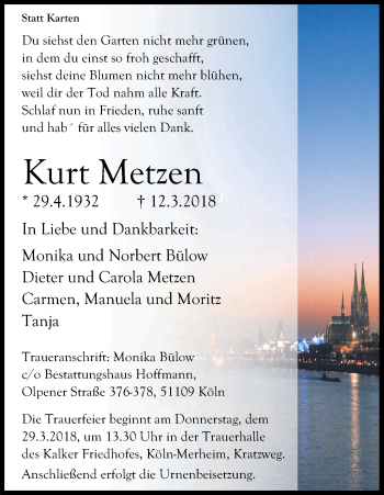 Anzeige von Kurt Metzen von Kölner Stadt-Anzeiger / Kölnische Rundschau / Express
