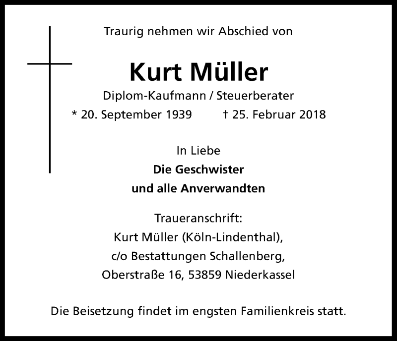  Traueranzeige für Kurt Müller vom 24.03.2018 aus Kölner Stadt-Anzeiger / Kölnische Rundschau / Express