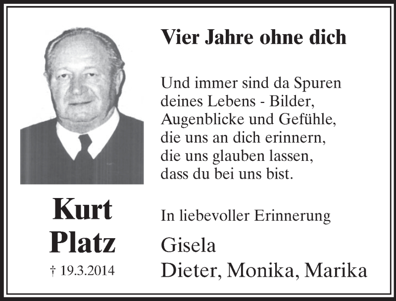  Traueranzeige für Kurt Platz vom 21.03.2018 aus  Schlossbote/Werbekurier 