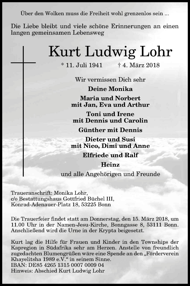  Traueranzeige für Kurt Ludwig Lohr vom 10.03.2018 aus Kölner Stadt-Anzeiger / Kölnische Rundschau / Express