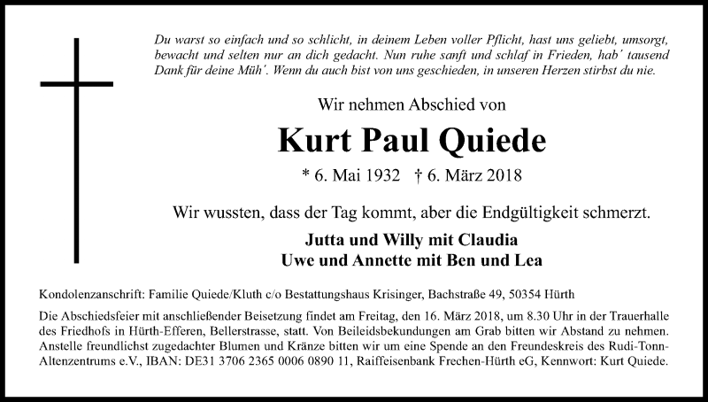  Traueranzeige für Kurt Paul Quiede vom 14.03.2018 aus Kölner Stadt-Anzeiger / Kölnische Rundschau / Express