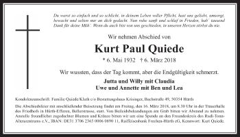 Anzeige von Kurt Paul Quiede von  Wochenende 