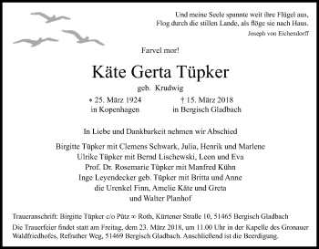 Anzeige von Käte Gerta Tüpker von Kölner Stadt-Anzeiger / Kölnische Rundschau / Express