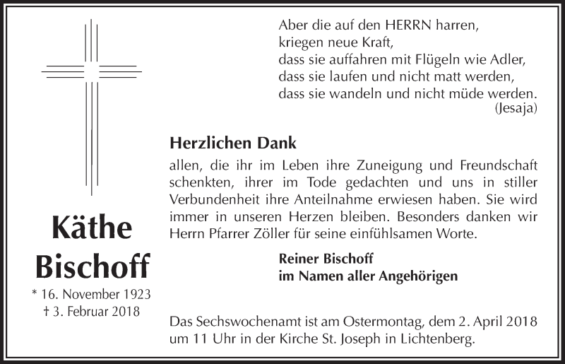  Traueranzeige für Käthe Bischoff vom 28.03.2018 aus  Lokalanzeiger 