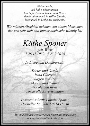 Anzeige von Käthe Sponer von Kölner Stadt-Anzeiger / Kölnische Rundschau / Express