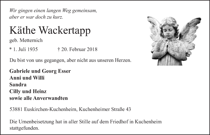  Traueranzeige für Käthe Wackertapp vom 03.03.2018 aus  Blickpunkt Euskirchen 