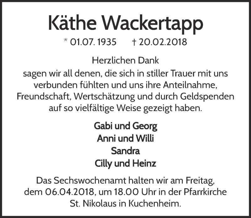  Traueranzeige für Käthe Wackertapp vom 31.03.2018 aus  Blickpunkt Euskirchen 