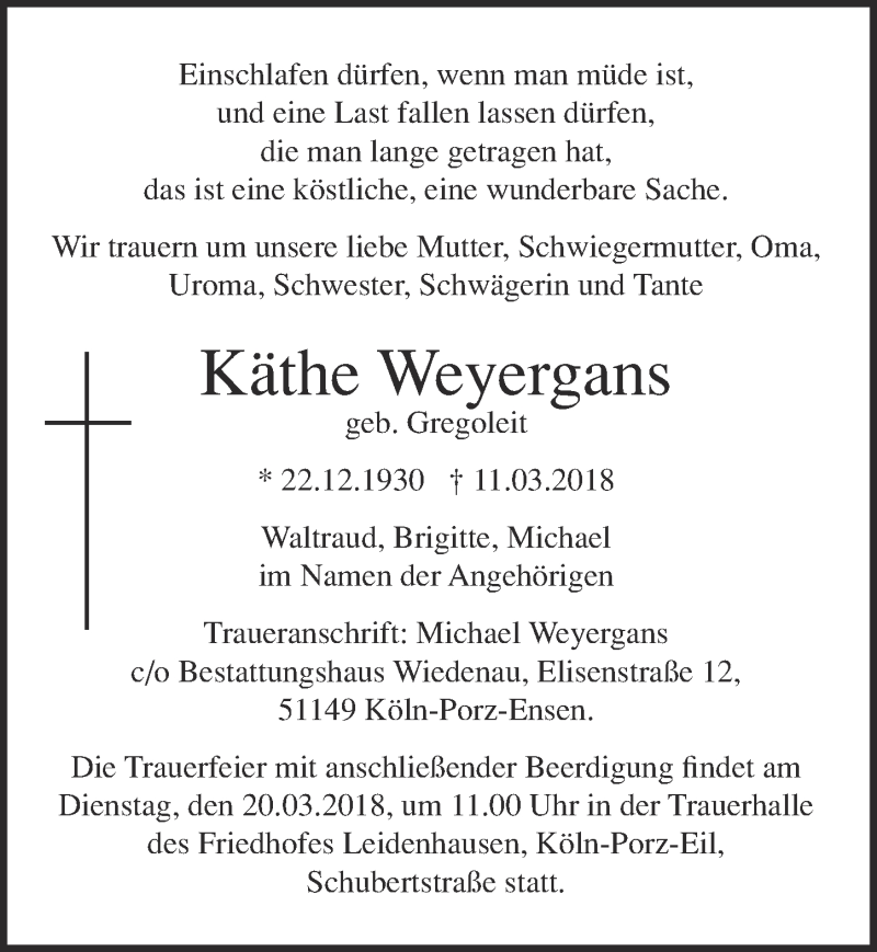  Traueranzeige für Käthe Weyergans vom 14.03.2018 aus  Kölner Wochenspiegel 