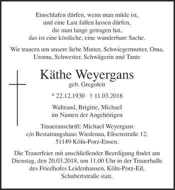 Anzeige von Käthe Weyergans von  Kölner Wochenspiegel 