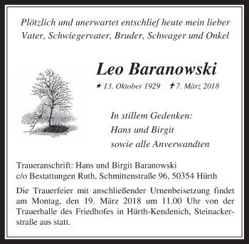 Anzeige von Leo Baranowski von  Wochenende 