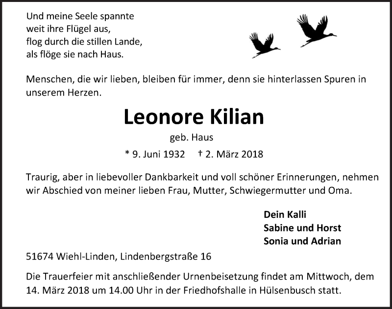  Traueranzeige für Leonore Kilian vom 14.03.2018 aus  Anzeigen Echo 