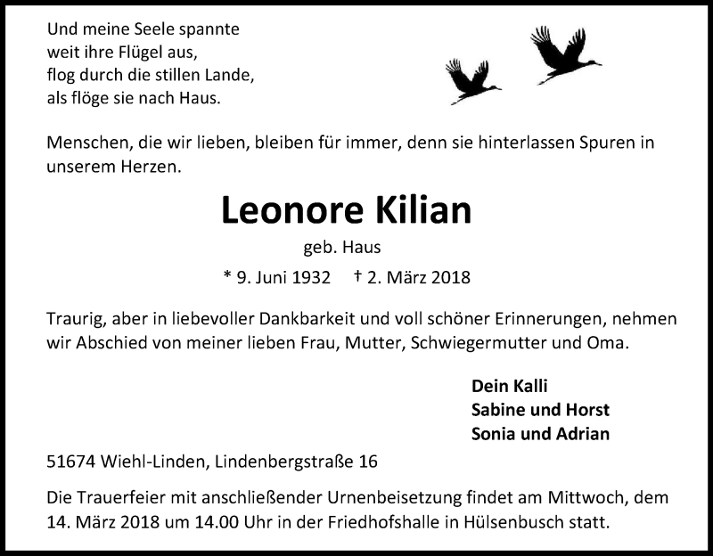  Traueranzeige für Leonore Kilian vom 10.03.2018 aus Kölner Stadt-Anzeiger / Kölnische Rundschau / Express