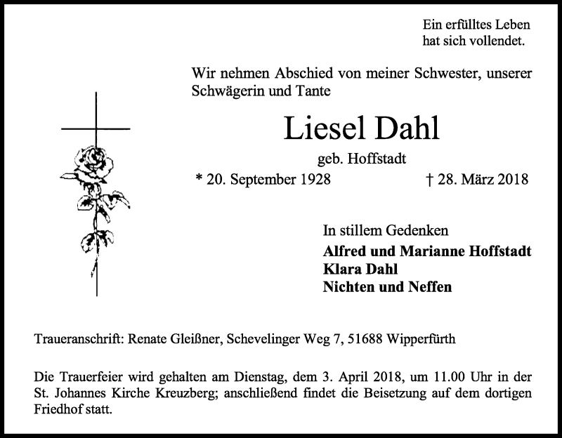  Traueranzeige für Liesel Dahl vom 31.03.2018 aus Kölner Stadt-Anzeiger / Kölnische Rundschau / Express