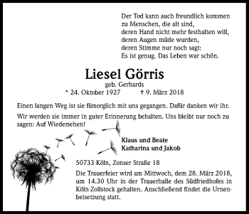 Anzeige von Liesel Görris von Kölner Stadt-Anzeiger / Kölnische Rundschau / Express