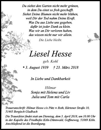 Anzeige von Liesel Hesse von Kölner Stadt-Anzeiger / Kölnische Rundschau / Express