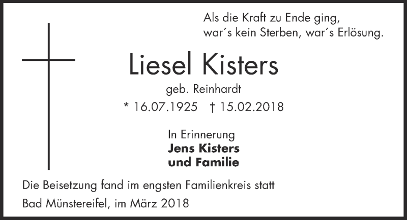  Traueranzeige für Liesel Kisters vom 31.03.2018 aus  Blickpunkt Euskirchen 