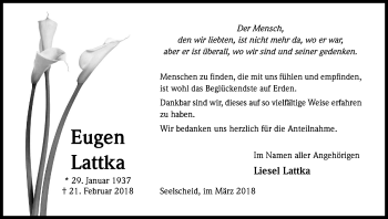 Anzeige von Liesel Lattka von Kölner Stadt-Anzeiger / Kölnische Rundschau / Express