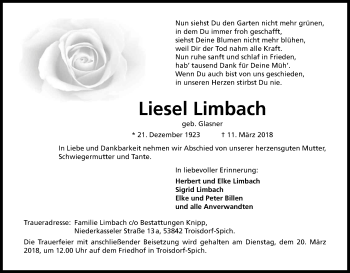 Anzeige von Liesel Limbach von Kölner Stadt-Anzeiger / Kölnische Rundschau / Express
