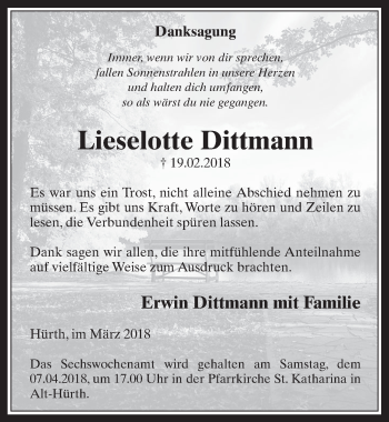 Anzeige von Lieselotte Dittmann von  Wochenende 