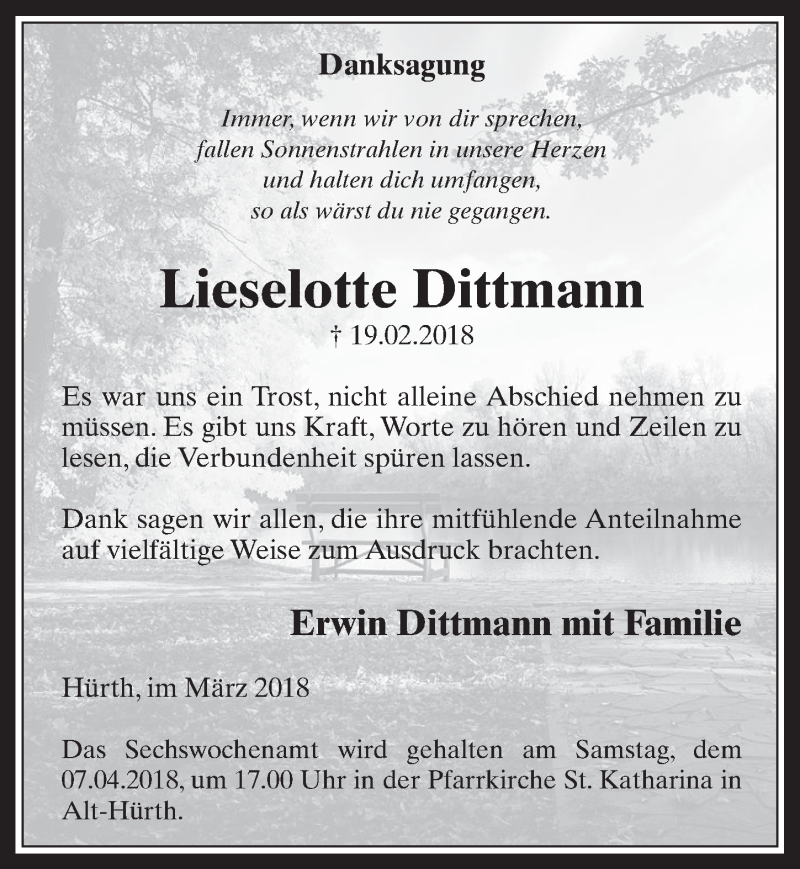  Traueranzeige für Lieselotte Dittmann vom 14.03.2018 aus  Wochenende 