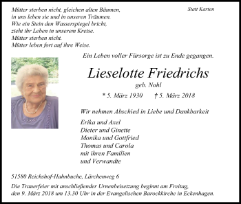 Anzeige von Lieselotte Friedrichs von Kölner Stadt-Anzeiger / Kölnische Rundschau / Express