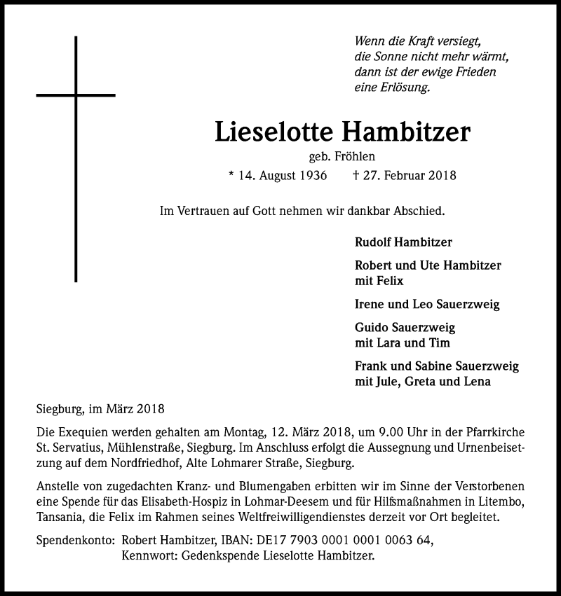  Traueranzeige für Lieselotte Hambitzer vom 07.03.2018 aus Kölner Stadt-Anzeiger / Kölnische Rundschau / Express