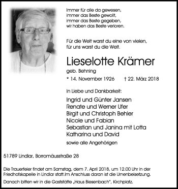 Anzeige von Lieselotte Krämer von Kölner Stadt-Anzeiger / Kölnische Rundschau / Express
