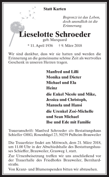 Anzeige von Lieselotte Schroeder von  Wochenende 
