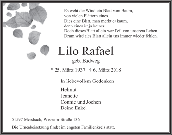 Anzeige von Lilo Rafael von  Lokalanzeiger 